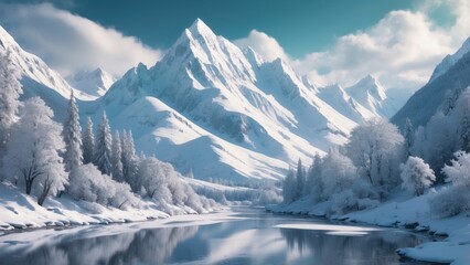 Wall Mural - Wild river landscape flowing in frozen mountain valley, around beautifully snowy spruce trees
