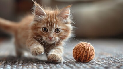 Wall Mural - small kitten playing with a ball of yarn