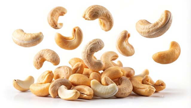 Falling cashew nuts isolated on white background, cashews, nuts, falling, isolated, white background, food, snack, healthy, vegetarian, organic, harvest, tasty, delicious, natural, raw, shell