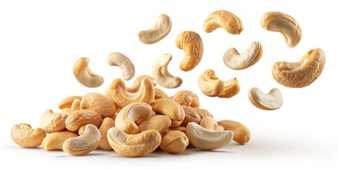 Wall Mural - Falling cashew nuts isolated on white background, cashew nuts, falling, isolated, white background, food, organic, healthy, snack, nut, vegetarian, vegan, raw, harvest