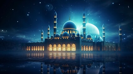 Wall Mural - The beautiful serene mosque at night in the blessed month of ramadan the illuminated, Copy space, generative ai