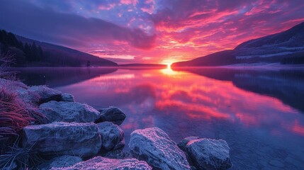 Wall Mural - beautiful sunset over a lake with rocks and grass