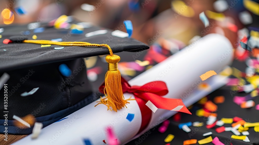 Graduation cap and diploma scroll with colorful confetti, symbolizing ...