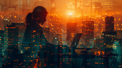 portrait of a reflection of a woman working late in her office on her computer on a window with an u