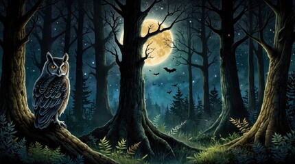 Sticker - In the enchanted forest sits an owl, the forest is very mysterious sometimes magical