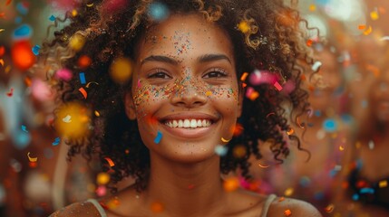 a woman with a lot of confetti on her face