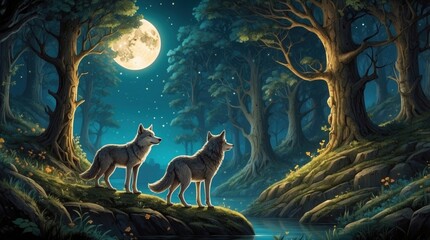 Sticker - Illustration showing wildlife surrounded by forest and old trees, beautiful howling wolf in forest on moon background