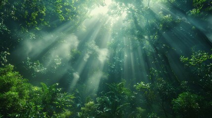 Wall Mural - sunlight shining through the trees in a forest