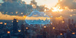 © jex - A cloud symbol with digital connections floats above an urban landscape, surrounded by icons representing networks and mobile devices. Illustrating the concept of cloud computing and connectivity.