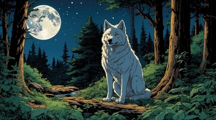 Sticker - Illustration showing wildlife surrounded by forest and old trees, beautiful howling wolf in forest on moon background