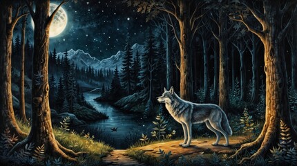 Sticker - Illustration showing wildlife surrounded by forest and old trees, beautiful howling wolf in forest on moon background