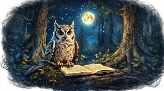 In the enchanted forest sits an owl, the forest is very mysterious sometimes magical