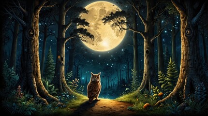 Wall Mural - In the enchanted forest sits an owl, the forest is very mysterious sometimes magical