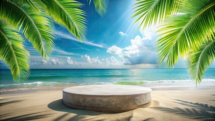 Tropical beach background with abstract stone podium, summer, sand, tropical, sea, background, abstract, stone, podium, vacation, paradise, tranquil, serene, relaxation, exotic, island