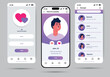 © DesignSells - Dating app concept in flat design. Mobile dating application template presented on three screens and made in a modern style. Vector Illustration.