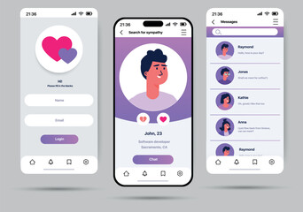 dating app concept in flat design. mobile dating application template presented on three screens and