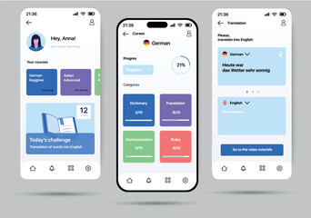 Education language app concept in flat design. A template program for learning different languages, in which you can monitor progress, perform various tasks and etc. Vector Illustration.