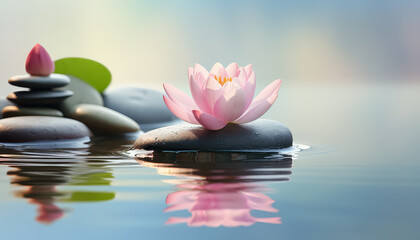 Sticker - A white flower is on top of a pile of rocks in a body of water