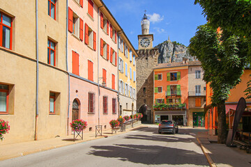 Sticker - Clock tower of the Provencal village of Castellane in the southern Alps in the French department of Var - This is a popular tourist destination as it is start of any visit to the Verdon Gorges