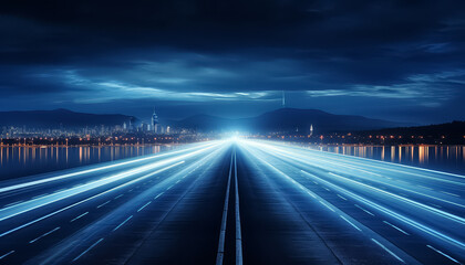 Wall Mural - A city skyline is shown with a long road in the middle