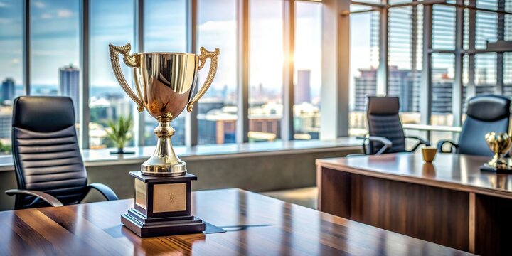 Trophy sitting on desk in front of elegant office background, successful, businessman, award, trophy, achievement, recognition, honor, celebration, successful, office, background, elegant