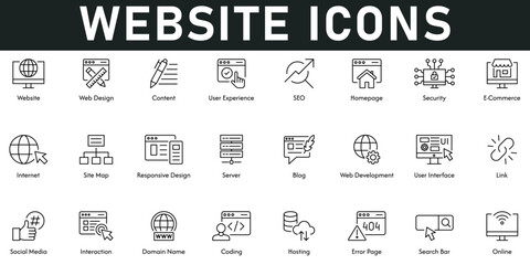 website icons vector illustration with thin line editable stroke contains web design, content, user 