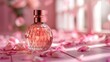 © Paul - Artistic composition of a rose gold perfume bottle with scattered flower petals on a modern dressing table, pink background