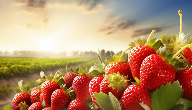 A bunch of red strawberries hanging from a tree