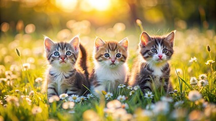 Cute kittens playing in a sunny meadow on a summer day , kittens, meadow, sunny, playful, adorable, furry, pets, animals, grass, sun, nature, outdoors, summertime, fluffy, young, cute