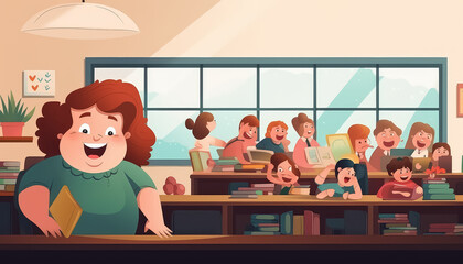 Wall Mural - A woman is sitting at a desk in a room with other people