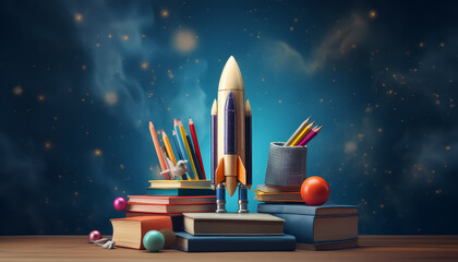 Wall Mural - A rocket is launching from a book, with the book open to the middle of the page