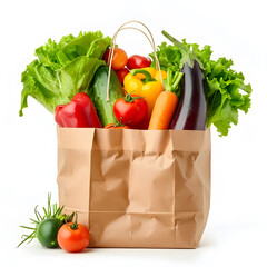 Wall Mural - Brown Paper eco bag with groceries, isolated on white background