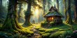 © wasan - Enchanted forest with Baba Yaga's hut nestled among the trees, enchanted forest, Baba Yaga, hut, witch, magical, mystical, fantasy, woodland, woods, cabin, folklore, fairytale, dark