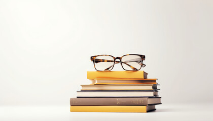 Wall Mural - Stack of books on white background and glasses