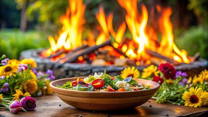 A bowl of food surrounded by colorful flowers and a glowing fire in the background , food, bowl, flowers, colorful, fire, orange, pink, purple, vibrant, table, arrangement, petals, nature