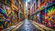 © wasan - A street alleyway covered in colorful graffiti designs and tags , urban, art, graffiti, vandalism, street, city, spray paint, wall, creative, colorful, underground, culture, expression