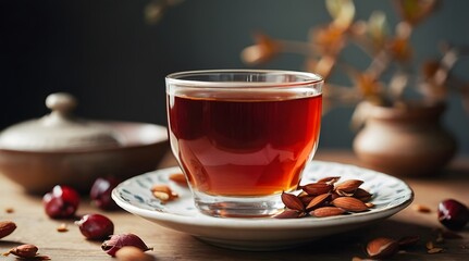 rooibos and a cup of tea, aesthetically pleasing, natural light, cherry and almonds in the background