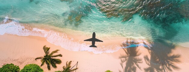 Wall Mural - Aerial view of airplane flying over beautiful tropical beach with palm trees and waterfalls in background, travel paradise concept