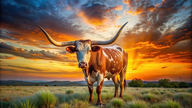 Abstract painting of Texas longhorn steer at sunset , Texas, longhorn, steer, sunset, abstract, painting, art, wildlife, animals, horns, cattle, ranch, countryside, western, silhouette