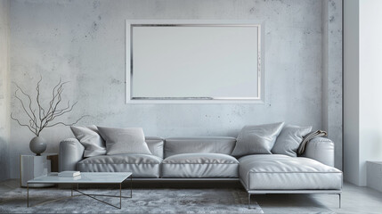 A modern living room featuring a sleek silver sofa and a blank white frame on the wall, exuding contemporary style.