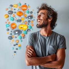 Wall Mural - photo of social media speech bubbles popping out from a person's head/mind. he is happy. he is wearing a gray shirt