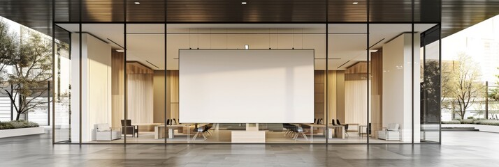 Aufkleber - Creating a corporate branding identity logo display with a white blank frame mockup in a modern business offices reception area as a banner with a copy area in the background.