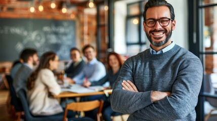 Poster - Having brainstorming, ideas, and planning meetings in the office as sales consultant with a smile, businessman at foreground and collaboration with group, people, and workplace.