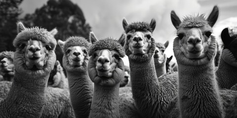 Wall Mural - A group of llamas standing side by side, each with its unique characteristics