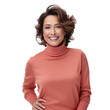 © CrazeePixelINC - Front view mid shot of a 60-year-old classy Latin woman dressed in a coral turtleneck sweater and khaki trousers, smiling on a white transparent background