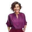 © CrazeePixelINC - Front view mid shot of a 60-year-old classy Latin woman dressed in a plum-colored tunic and tailored slacks, smiling on a white transparent background
