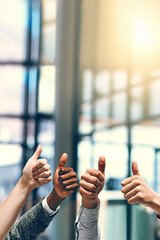 Hands, support and thumbs up with business people closeup in glass office for agreement, solidarity or unity. Like, promotion and yes with winner employee group at work for bonus, deal or success