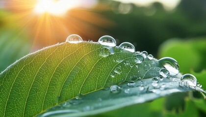 Large beautiful drops of transparent rain water on a green leaf macro. Drops of dew in the morning glow in the sun. Beautiful leaf texture in nature. Natural background. 