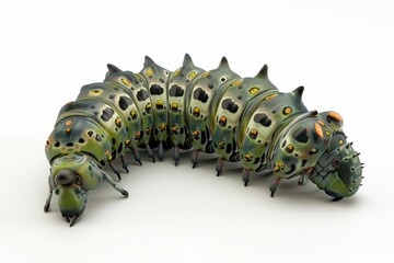 Wall Mural - A close-up of a green and black caterpillar sitting on a white surface, ready for macro photography