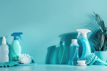 Wall Mural - Various cleaning products arranged on a table